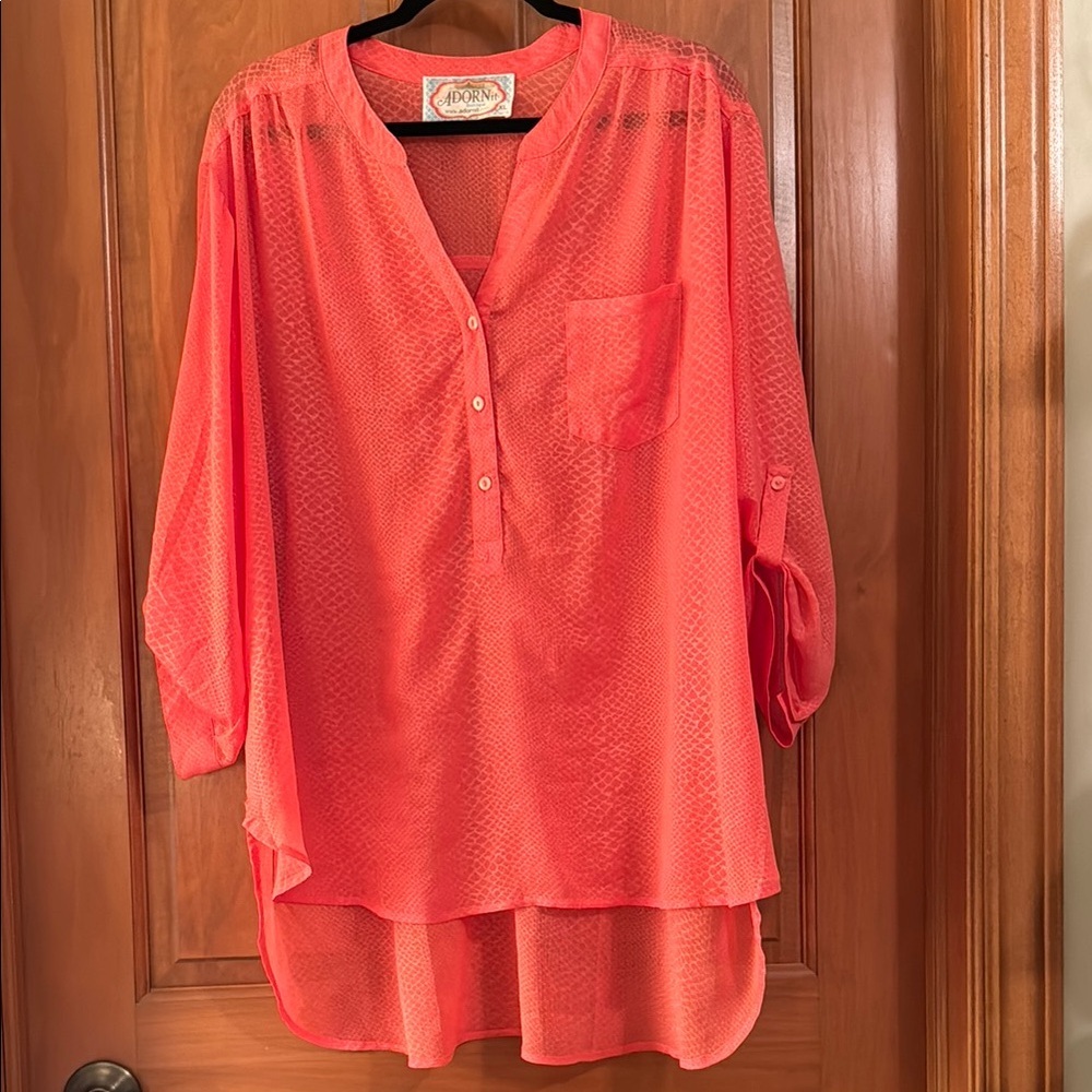 Adorn It Coral Mandarin Collar Bishop Sleeve Blouse